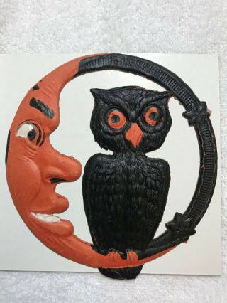 Vintage Halloween 1920s German Paper Die Cut Owl In Moon - 5 " - Marked
