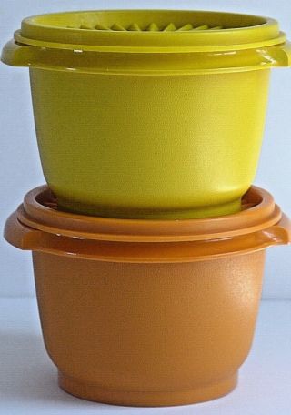 Vintage 1970s Tupperware Set Of 2 886 Servalier Bowls With Lids Orange & Yellow