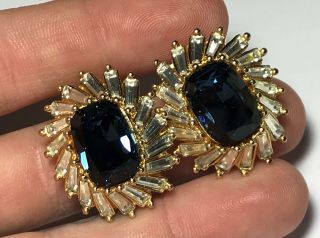 Vtg Signed Christian Dior Royal Blue Rhinestone Gold Clip On Costume Earrings