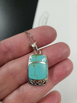 Vintage Sterling Silver 925 Turquoise Inlay Pendant Chain Necklace 18 " L (4.  7g)