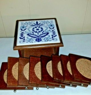 Set Of 8 Coasters Vintage Ceramic Tile Top Wood Cork Drawer Style Storage Case