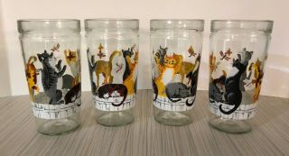 4 Vintage Drinking Glasses Dancing Cats On Fence Anchor Hocking Jelly Jars