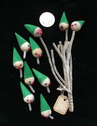 Vintage Christmas Spun Cotton Head Elf Elves Picks Stems Corsages Crafts Japan