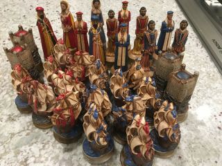 Vintage Medieval Hand Painted Ceramic Chess Set With Ships As Pawns