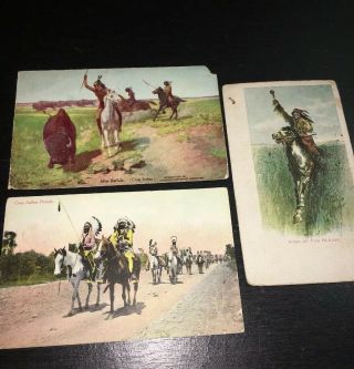 3 Old Vintage Native American Indian Post Card After Buffalo Crow Indian Parade