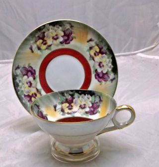 Vintage Pearl Lustre Footed Tea Cup & Saucer,  German Or French,  Pansies
