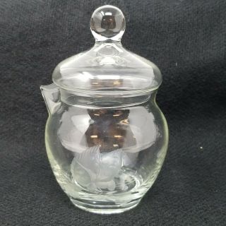 Vintage Clear Glass Apothecary Jar W Lid & Spout Etched Butterfly