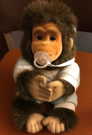 Vintage 1994 Hosung Baby Infant Monkey Chimp Pacifier Blue Outfit Bib