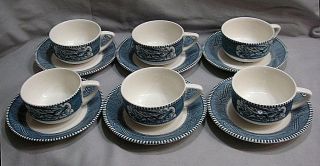 VTG SET OF 6 ROYAL CHINA BLUE CURRIER AND IVES COFFEE/TEA CUPS AND SAUCERS 2