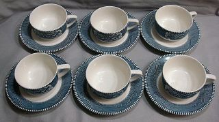 VTG SET OF 6 ROYAL CHINA BLUE CURRIER AND IVES COFFEE/TEA CUPS AND SAUCERS 3