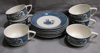 VTG SET OF 6 ROYAL CHINA BLUE CURRIER AND IVES COFFEE/TEA CUPS AND SAUCERS 4