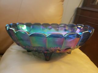 Vintage Blue Indiana Harvest Grape Carnival Glass Footed Fruit Bowl
