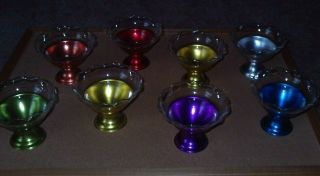 Set Of 8 Vintage Dessert Dishes With Colorful Aluminum Base & Glass Cups