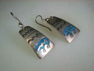 Vintage Navajo Sterling Silver & Turquoise Inlay Pueblo Bear Earrings Signed