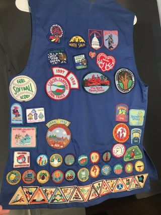 Vintage 90s Girl Scout Dark Blue Vest Badges Pins 70 Patches 12 Pins