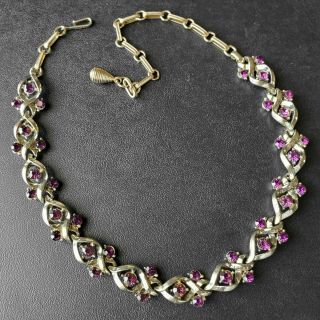 Signed Coro Vintage Amethyst Rhinestone Flower Leaf Gold Tone Necklace 142