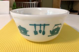 Hazel Atlas Vintage Turquoise Kitchen Aid Utensils Mixing Bowl 8” Scalloped Rim