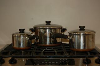 6 Piece Set Vintage Revere Ware Copper Clad Stainless Steel.  Clinton Ill.  U.  S.  A.