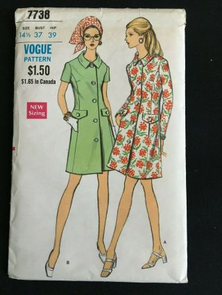 Vtg 1960s 1970s Vogue 7738 A - Line Coat Dress Pockets Sz 14 - 1/2 Bust 37 "