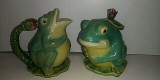Vintage Majolica Pottery Set Frogs On Lilly Pads Cream And Sugar