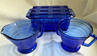 Vtg Hazel Atlas Glass Criss - Cross Cobalt Blue Dish W/ Lid Cream & Sugar