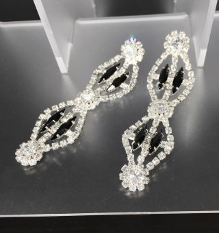 Vintage Large Clear Rhinestones W Black Crystals Drop Pierced Earrings,  Gift