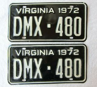 Vintage 1972 Virginia Auto License Plates,  Matching Pair,  Va