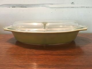 Vintage Pyrex 063 Olive Green Oval Divided Casserole Dish With Glass Lid 1 Qt