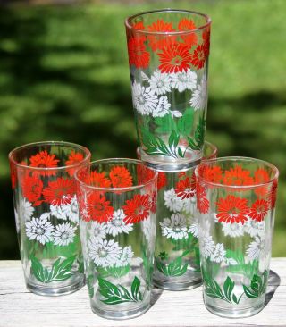 Vintage Set/5 Swanky Swigs Red White Green Daisy Tumblers Glasses - 5 1/8 "