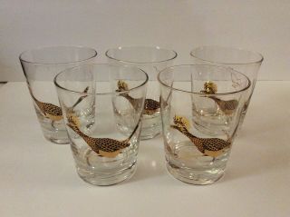 5 Vintage Couroc 3 1/2 " Old Fashioned Glasses W/ Gold Metallic Roadrunner
