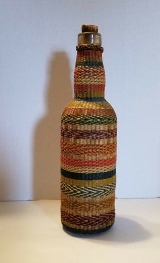 Vintage Multi Colored Basketry Covered Glass Bottle W/cork Stopper