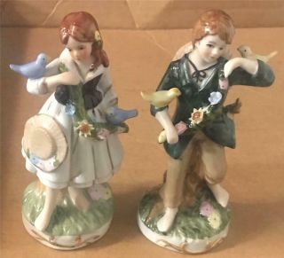 Vintage Porcelain Boy & Girl Figurines With Flowers & Birds - Korea