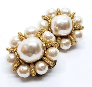 Gorgeous Vintage Signed Miriam Haskell Baroque Huge Pearls Cluster Clip Earrings