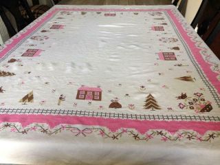 Linen Tablecloth 66 X 49 Vintage Pink Brown Black Accent White Pa Dutch