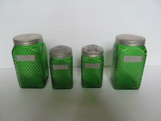 Vintage Green Glass Spiral Cut Hoosier Canister Spice Jars Rice Tea Flour Sugar