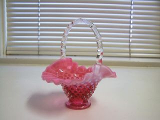 Vintage Fenton Cranberry Hobnail Opalescent Crimped Art Glass Basket 4 1/2 "