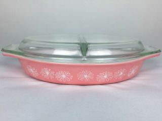 Vintage Pyrex Pink Daisy 1.  5 Quart Divided Casserole Dish And Lid