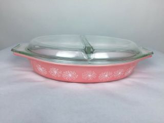 Vintage Pyrex Pink Daisy 1.  5 Quart Divided Casserole Dish and Lid 3
