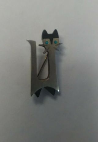 Vintage Taxco Cat Onyx / Silver / Turquoise Brooch By Cecilia Tono 2