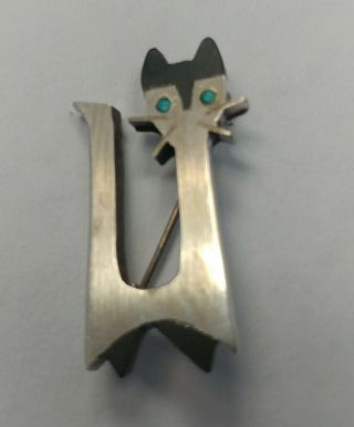 Vintage Taxco Cat Onyx / Silver / Turquoise Brooch By Cecilia Tono 4