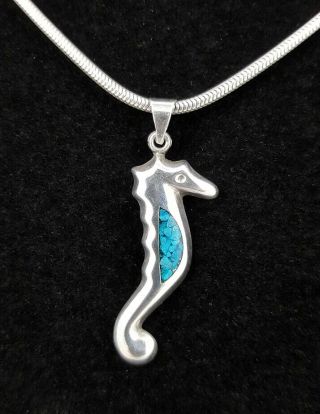 Vintage Taxco Mexico Tm - 18 Sterling Silver Turquoise Inlay Seahorse Pendant