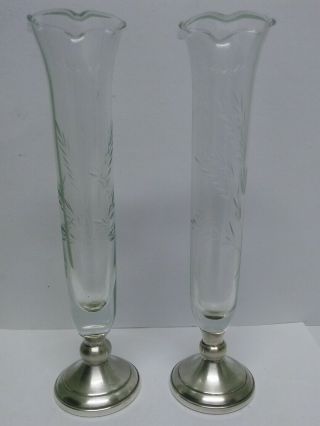 2 Vtg Web Bud Vases W/ Sterling Silver Unweighted Base Etched Wheat Design