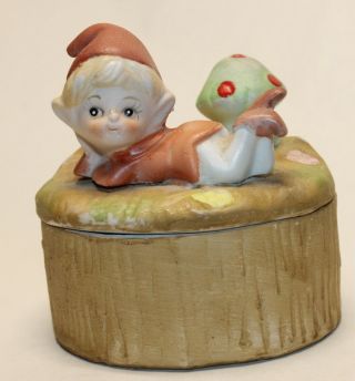 Vintage Homco Pixie Elf Garden Gnome W/ Mushroom Figurine Trinket Box 5404