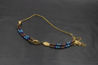 Vtg Gold Toned Metal & Multicolor Beads Hierohlypics Egyptian Style Necklace E28