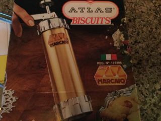 Vintage Atlas Biscuit Maker Cookie Press Marcato Italy 21 Discs 4 Tips Euc