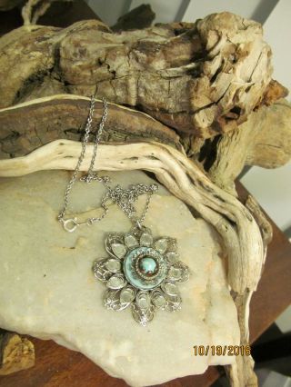 Vintage Silver Tone Faux Turquoise Stone Filigree Flower Pendant Necklace 18 "