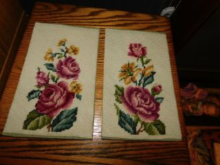 Pink Rose Needlepoint Panel Pair Completed Handmade Vintage
