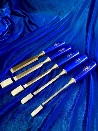 Vintage Set Of Five Marples Blue Handle Woodworking Paring Chisel Set England