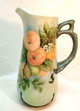 Vtg Hand Painted Peaches & Blossoms Limoges Style Porcelain Pitcher Victorian