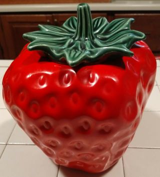 Vintage Mccoy Red Strawberry Cookie Jar Pottery With Green Stem Lid Usa 263